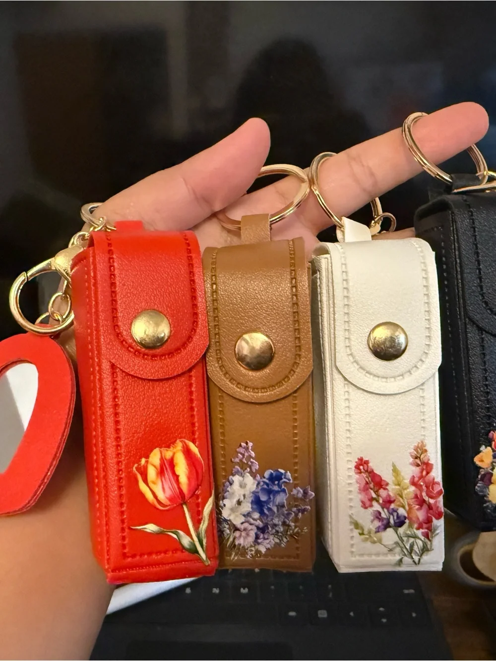 Floral Black Leather Key Fob with Gold Hardware